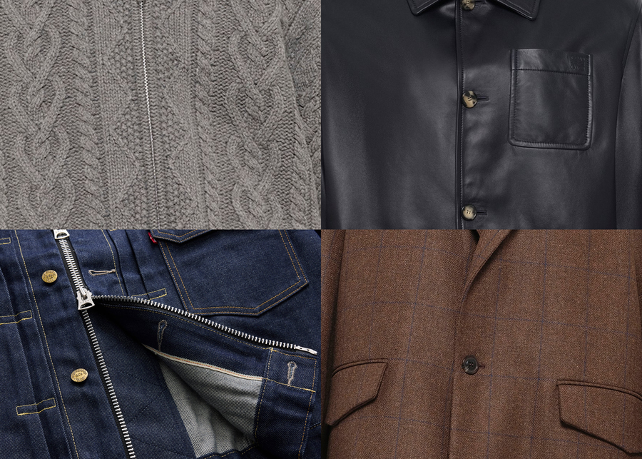 Close-ups of designer fabrics: grey cable knit, navy Loewe leather, raw indigo denim and brown herringbone wool