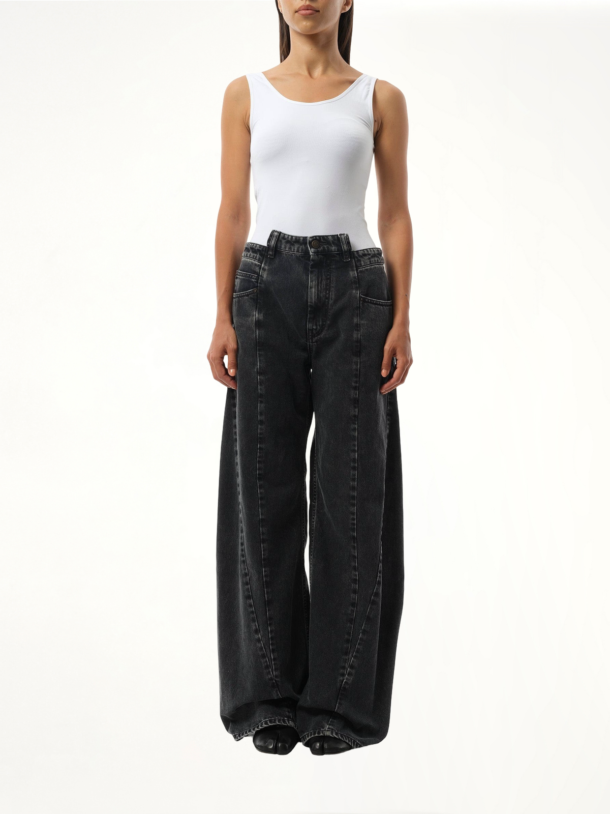 Cut Out Waistband Relaxed Fit Denim Jeans in Black