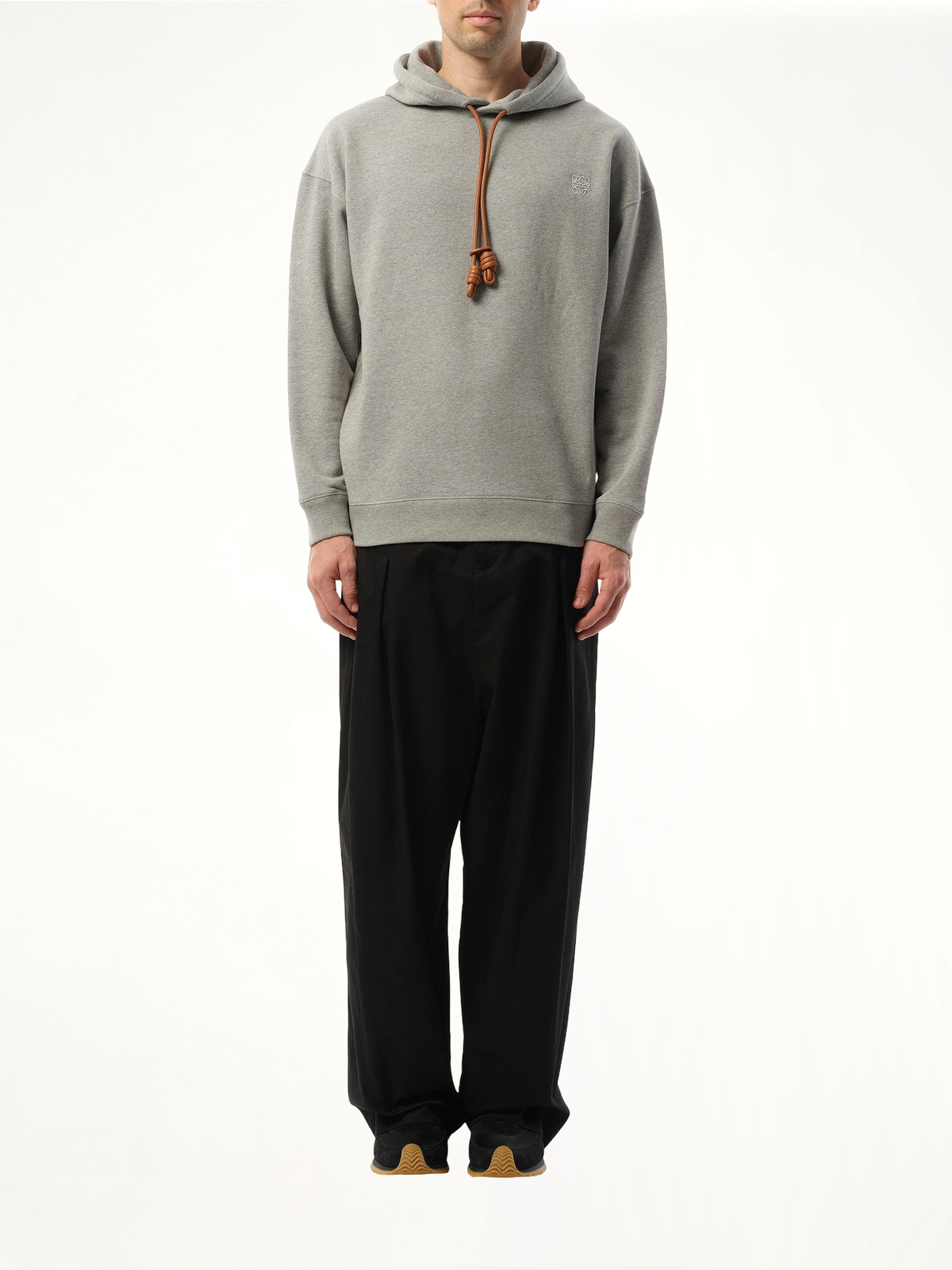 Leather Tassel Hoodie in Grey Melange