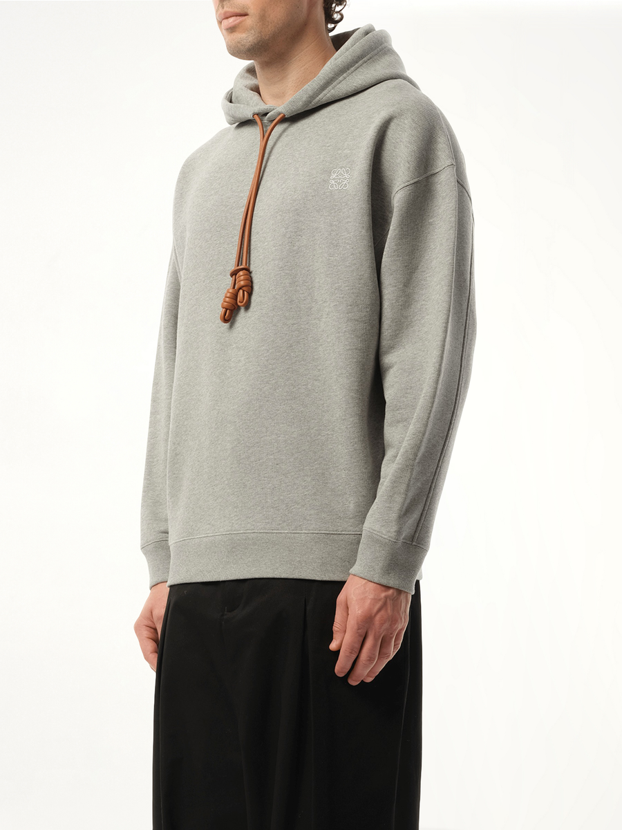 Leather Tassel Hoodie in Grey Melange