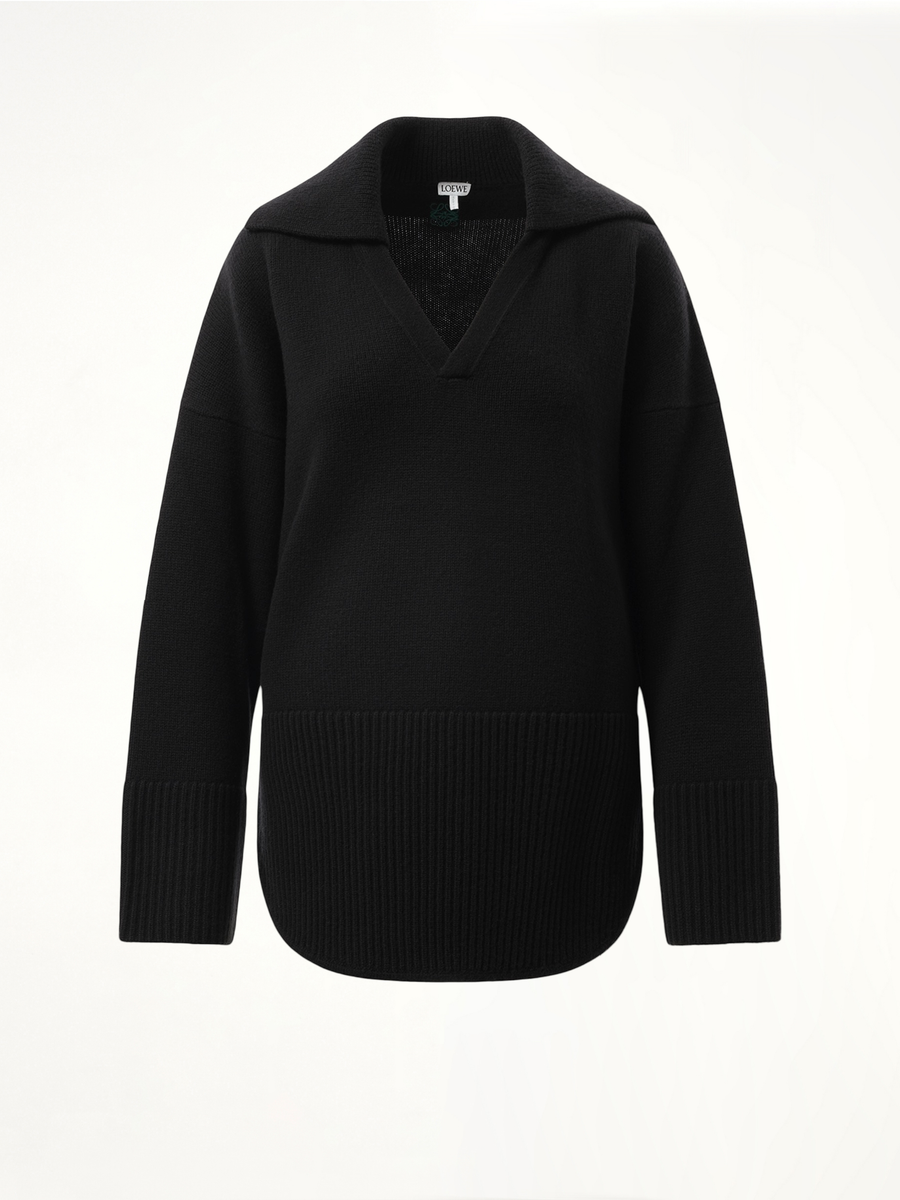 V-Neck Polo Sweater in Black