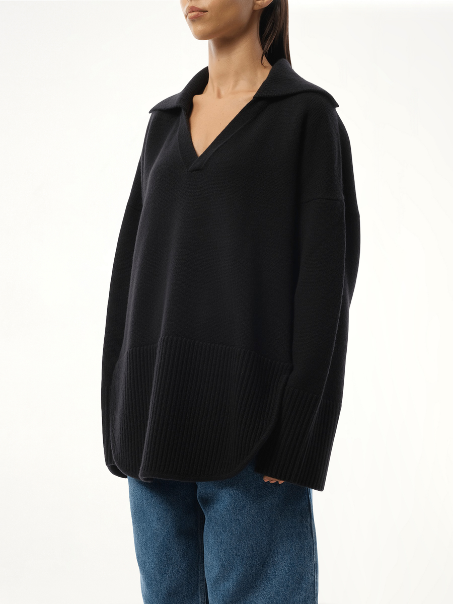 V-Neck Polo Sweater in Black