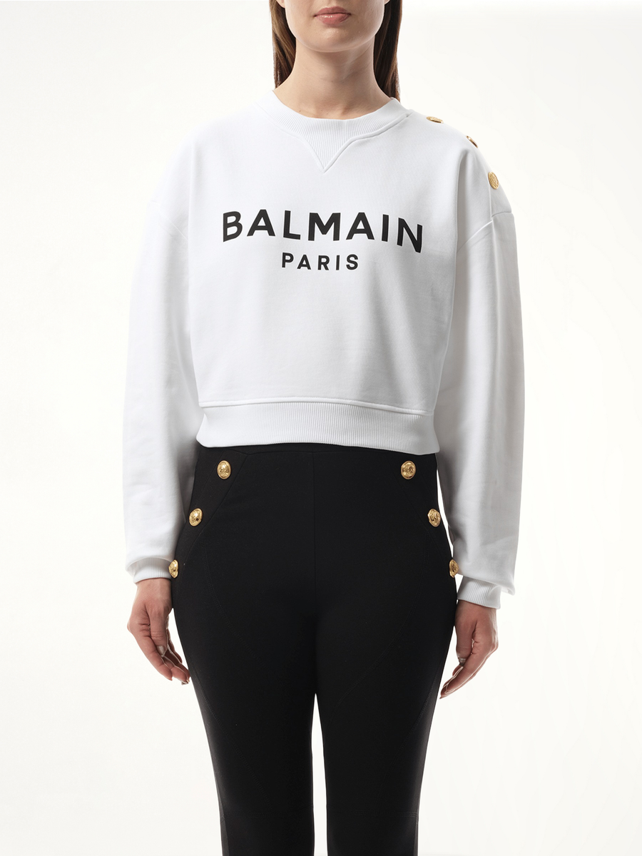 3 Button Balmain Printed Sweatshirt in White/Black