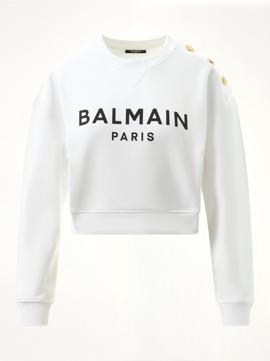 3 Button Balmain Printed Sweatshirt in White/Black