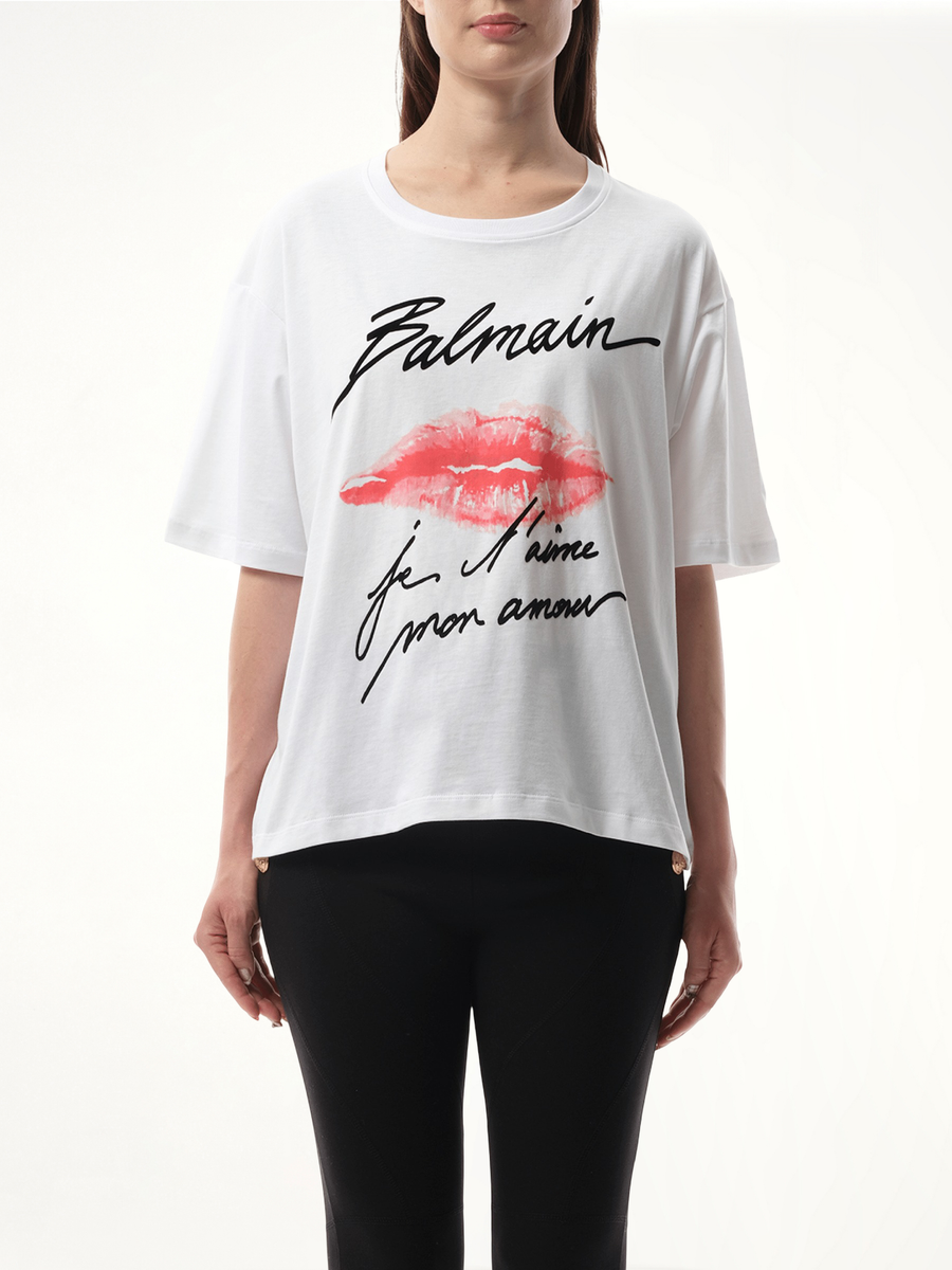 Balmain Kiss Print T-Shirt in White/Black/Red