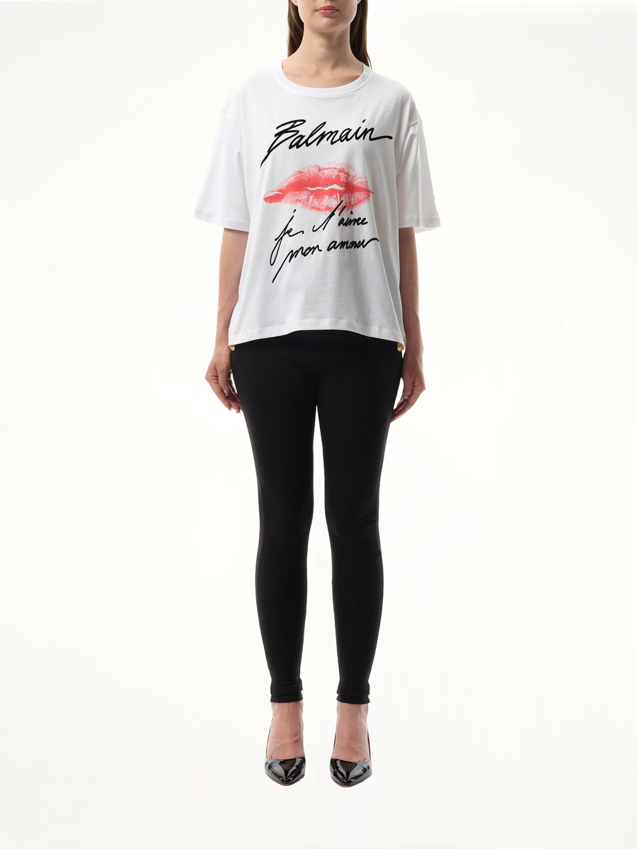 Balmain Kiss Print T-Shirt in White/Black/Red