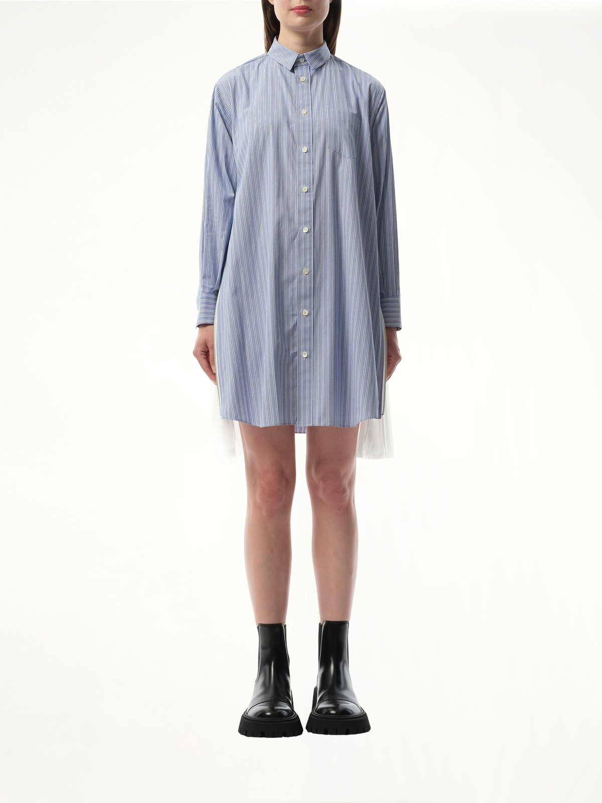 Cotton Poplin Stripe Dress in Light Blue