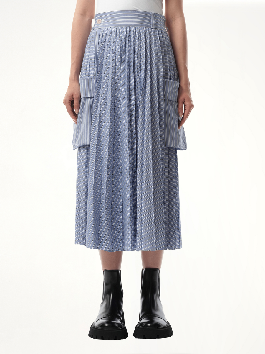 Cotton Poplin Stripe Skirt in Light Blue