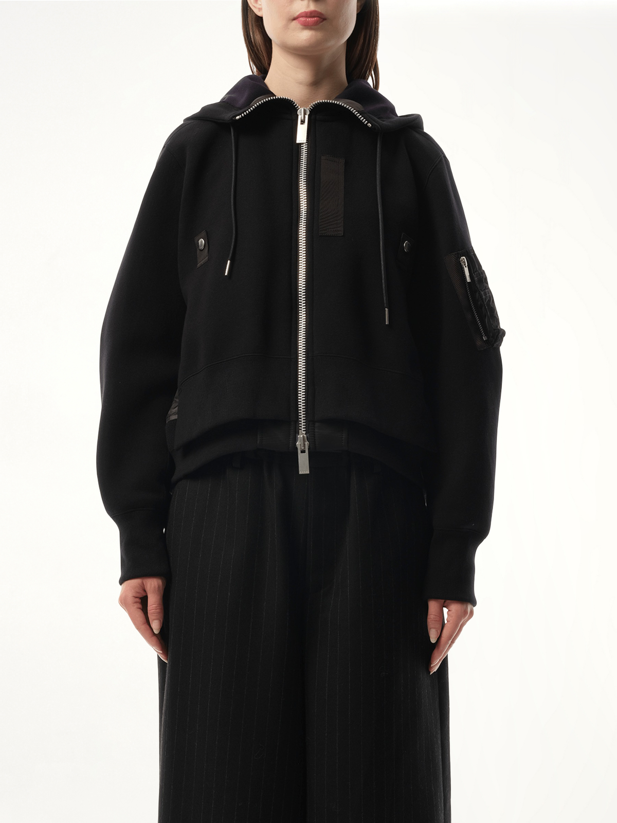 Sponge Sweat x Nylon Twill Zip Hoodie in Black