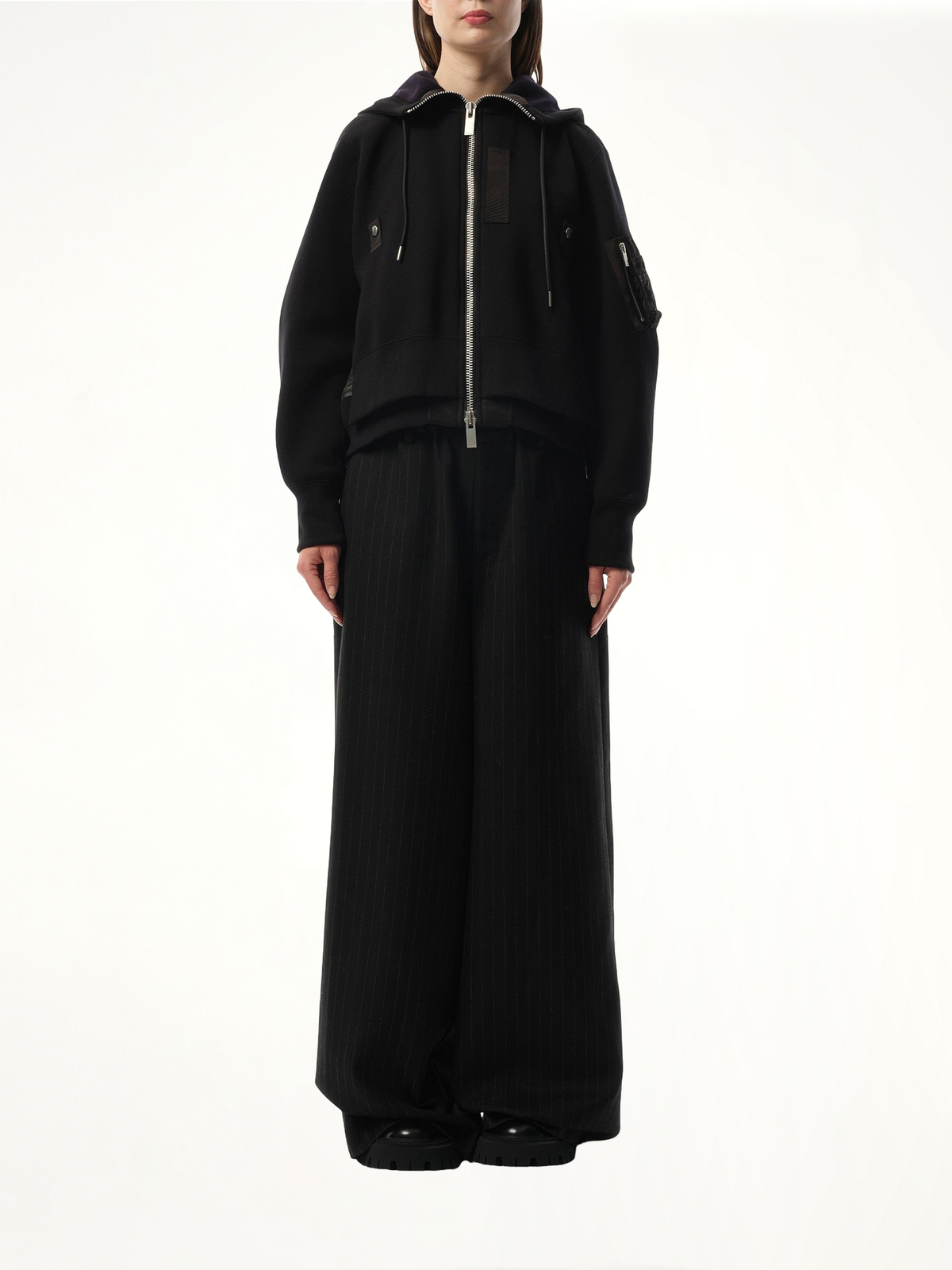 Sponge Sweat x Nylon Twill Zip Hoodie in Black