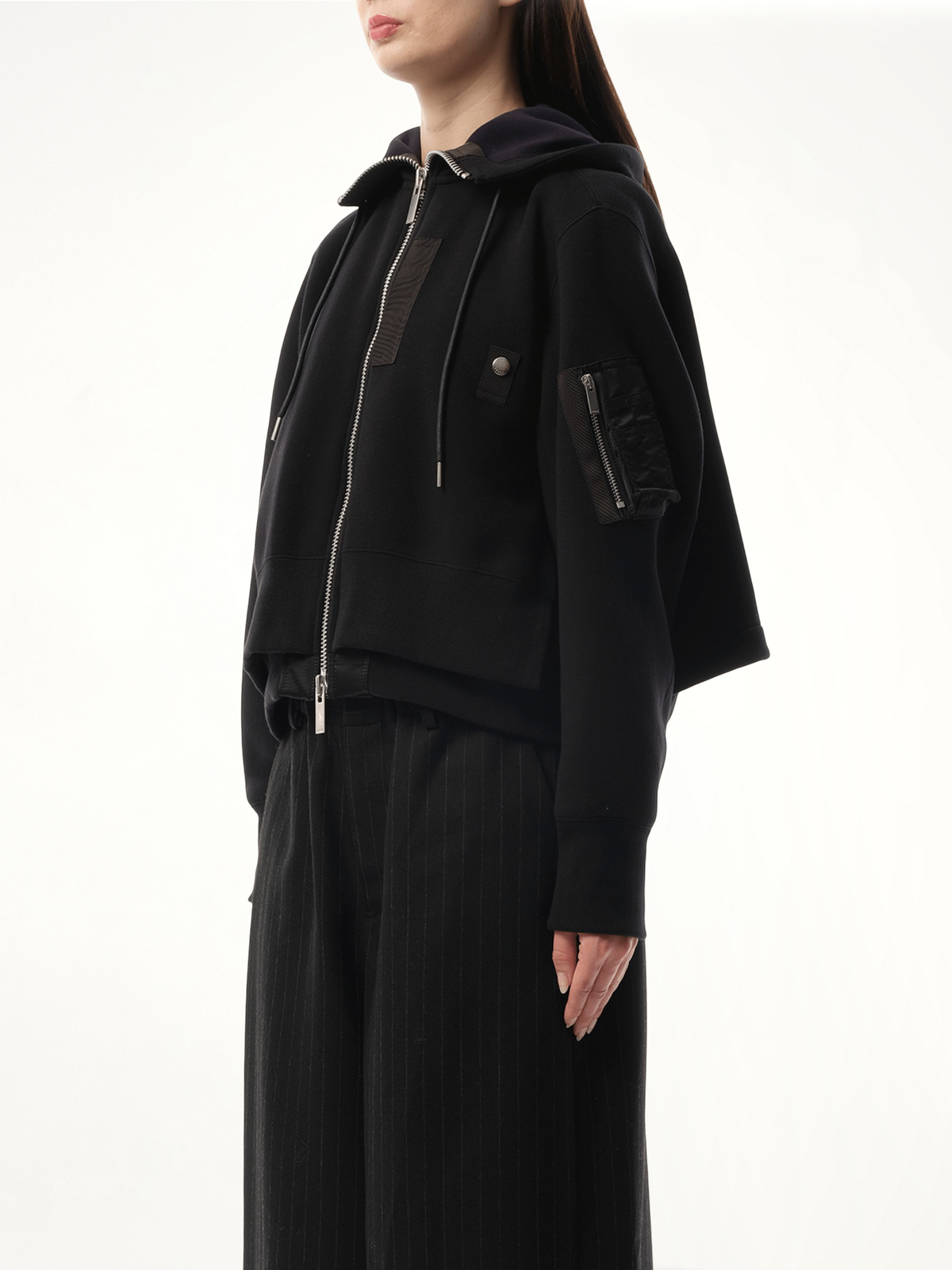 Sponge Sweat x Nylon Twill Zip Hoodie in Black