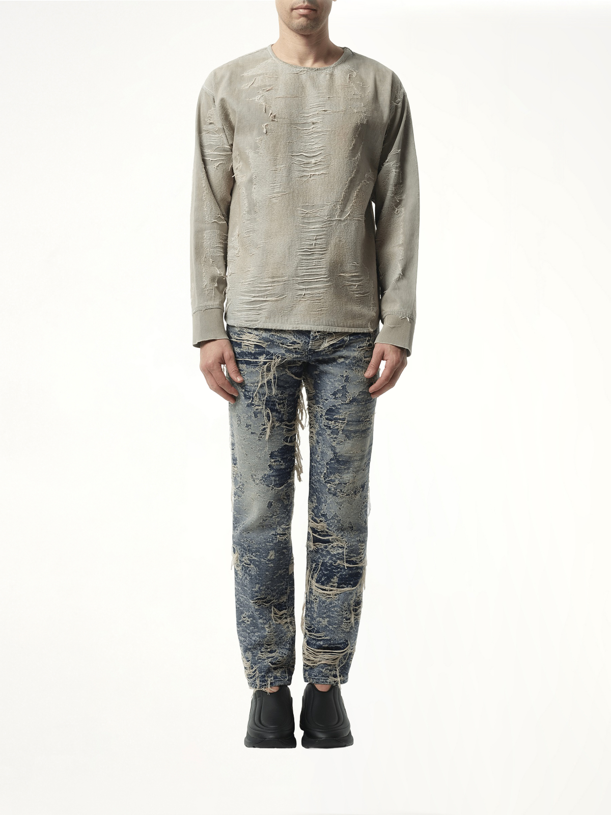 Distressed Effect Denim Sweater in Light Grey