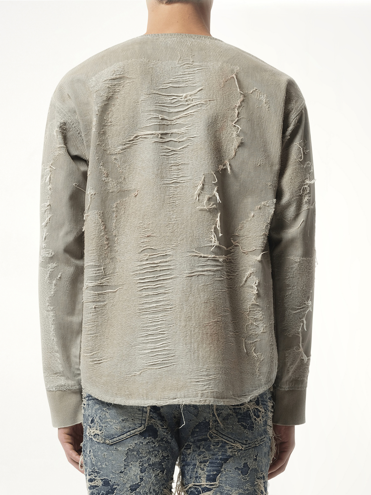Distressed Effect Denim Sweater in Light Grey