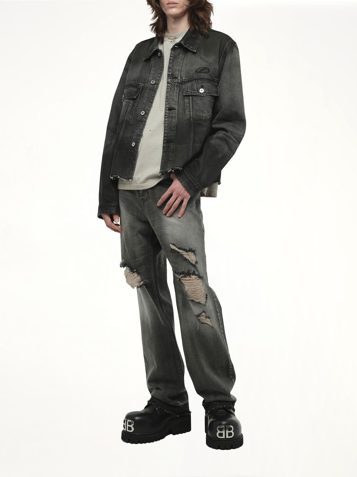 Dark-Spray Detail Denim Jacket in Black