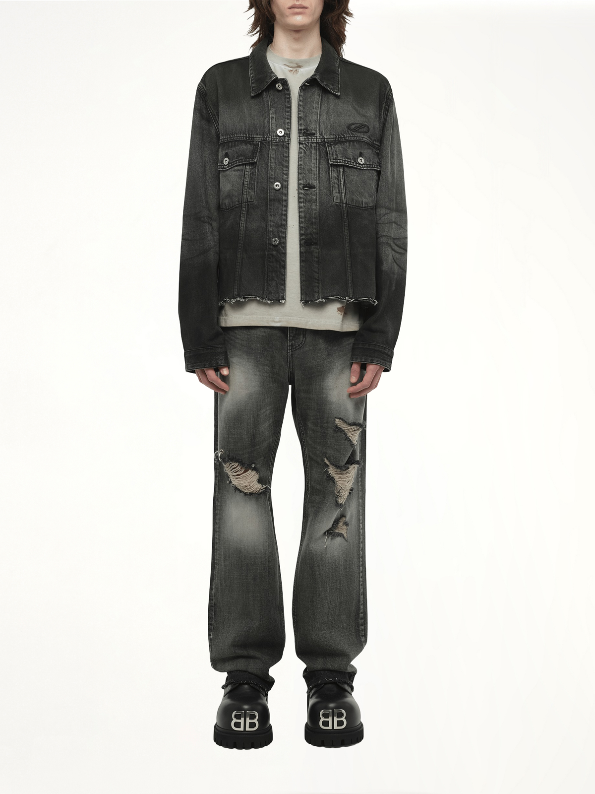 Dark-Spray Detail Denim Jacket in Black