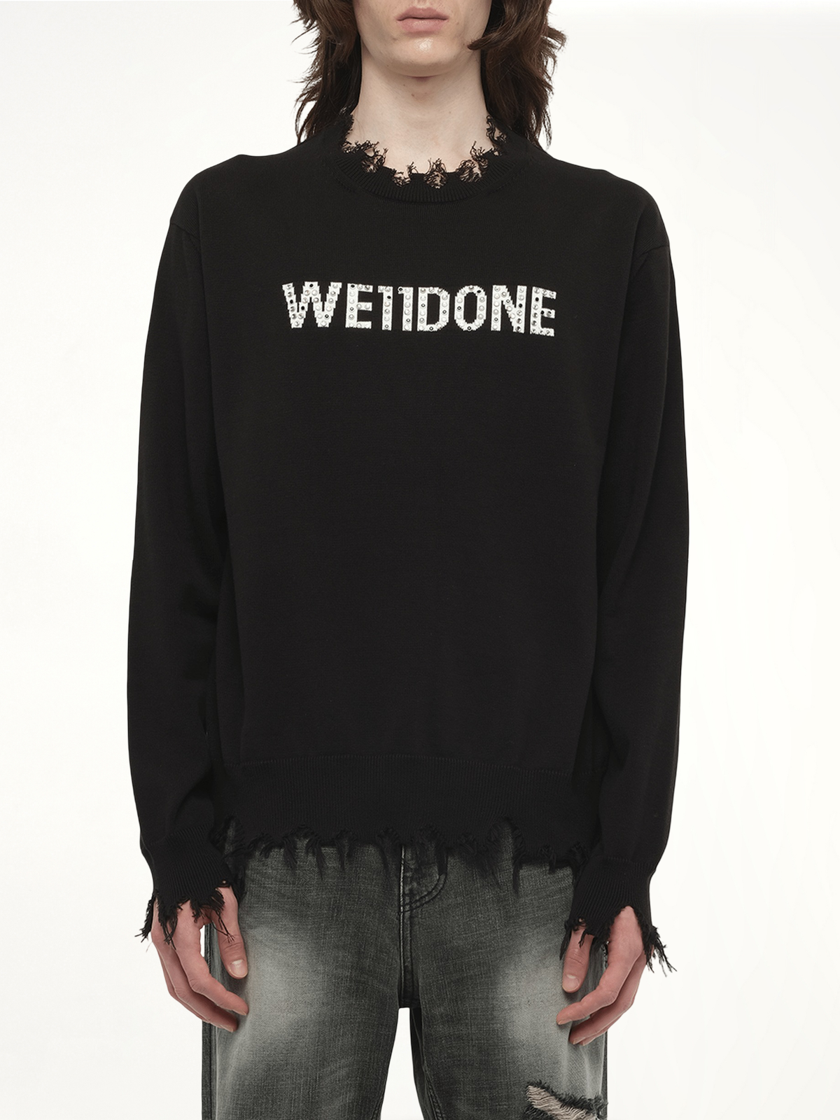 Grunge Rhinestone Logo Sweater in Black