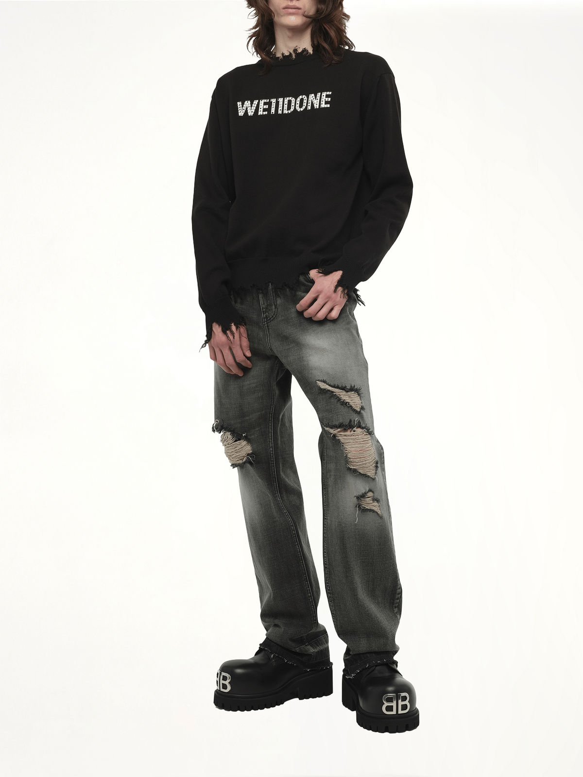 Grunge Rhinestone Logo Sweater in Black