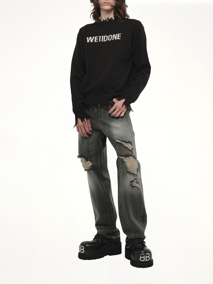 Grunge Rhinestone Logo Sweater in Black