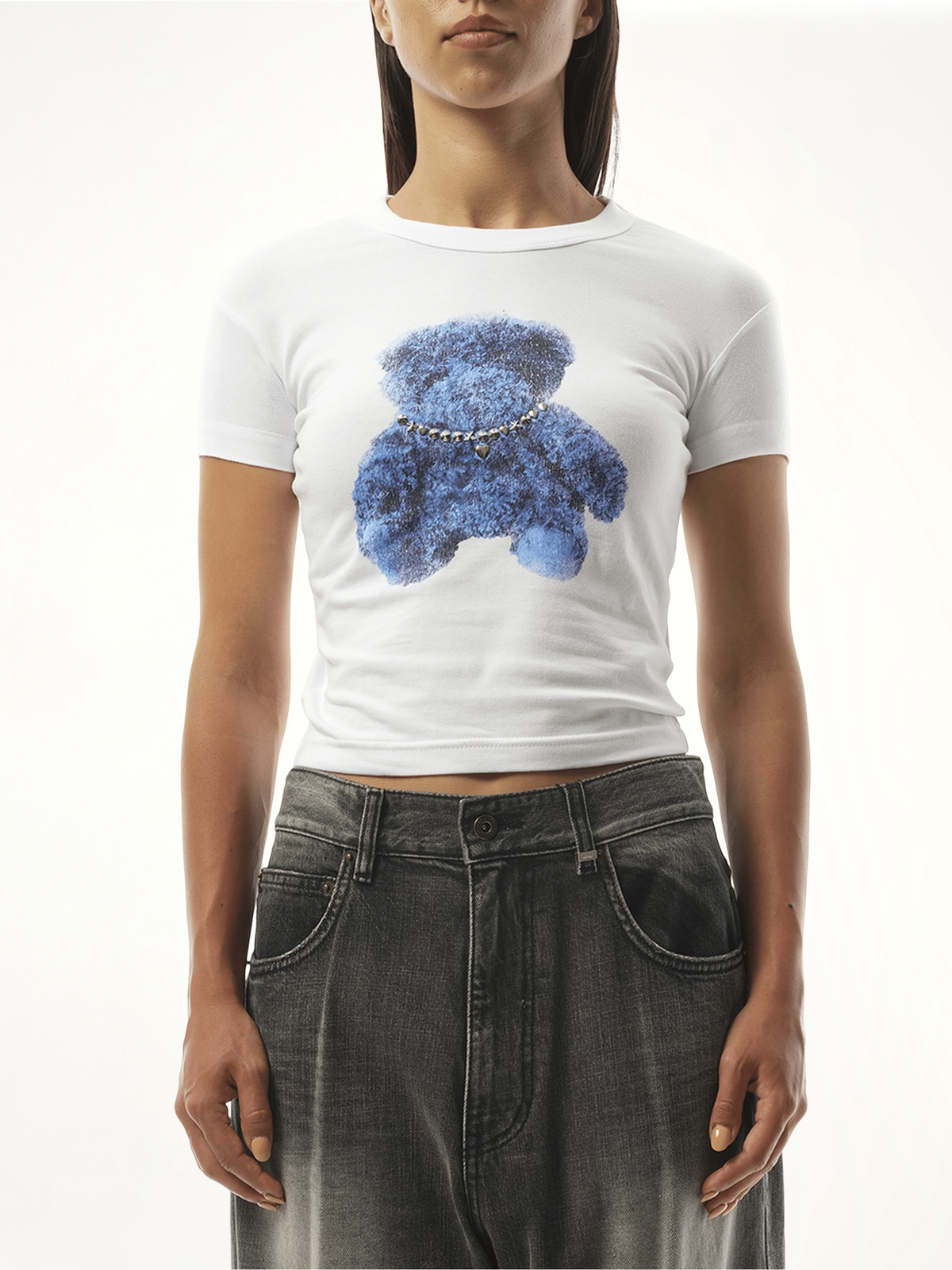 Studded Bear Cropped T-Shirt in White