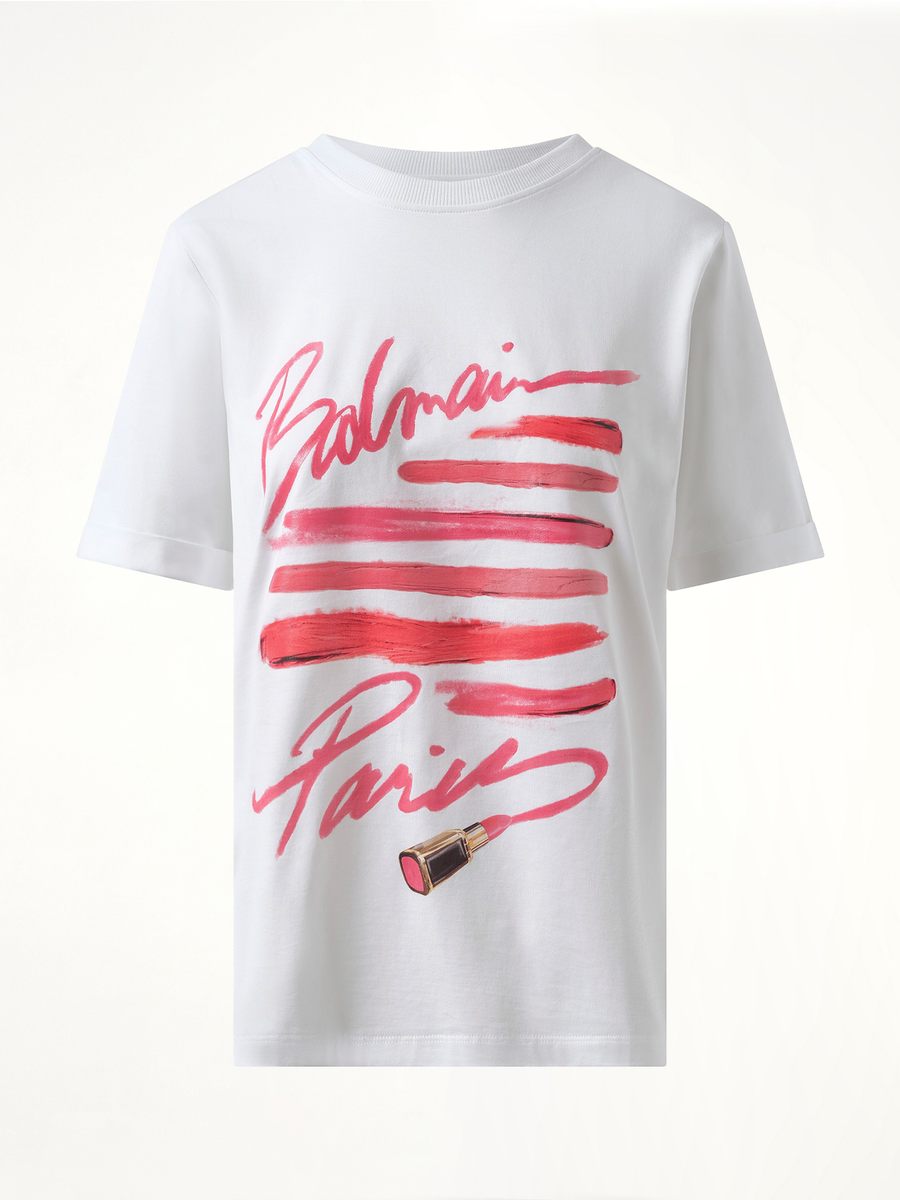 3 Btn Balmain Lipstick Print T-Shirt in White
