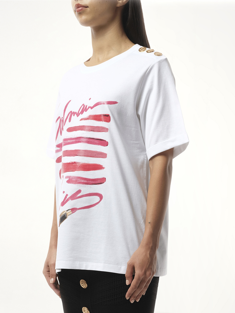 3 Btn Balmain Lipstick Print T-Shirt in White