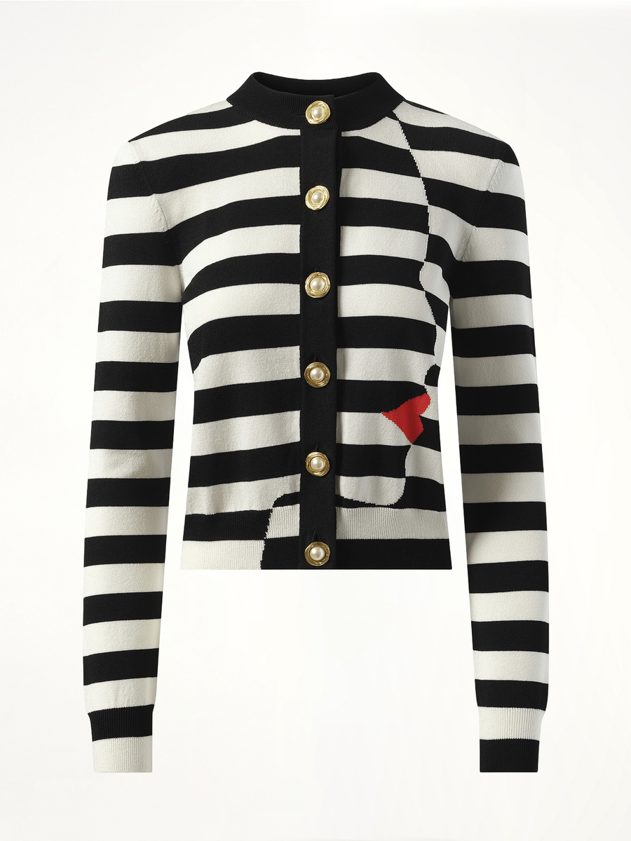 Buttoned Face Mariniere Knit Cardigan in Black/White