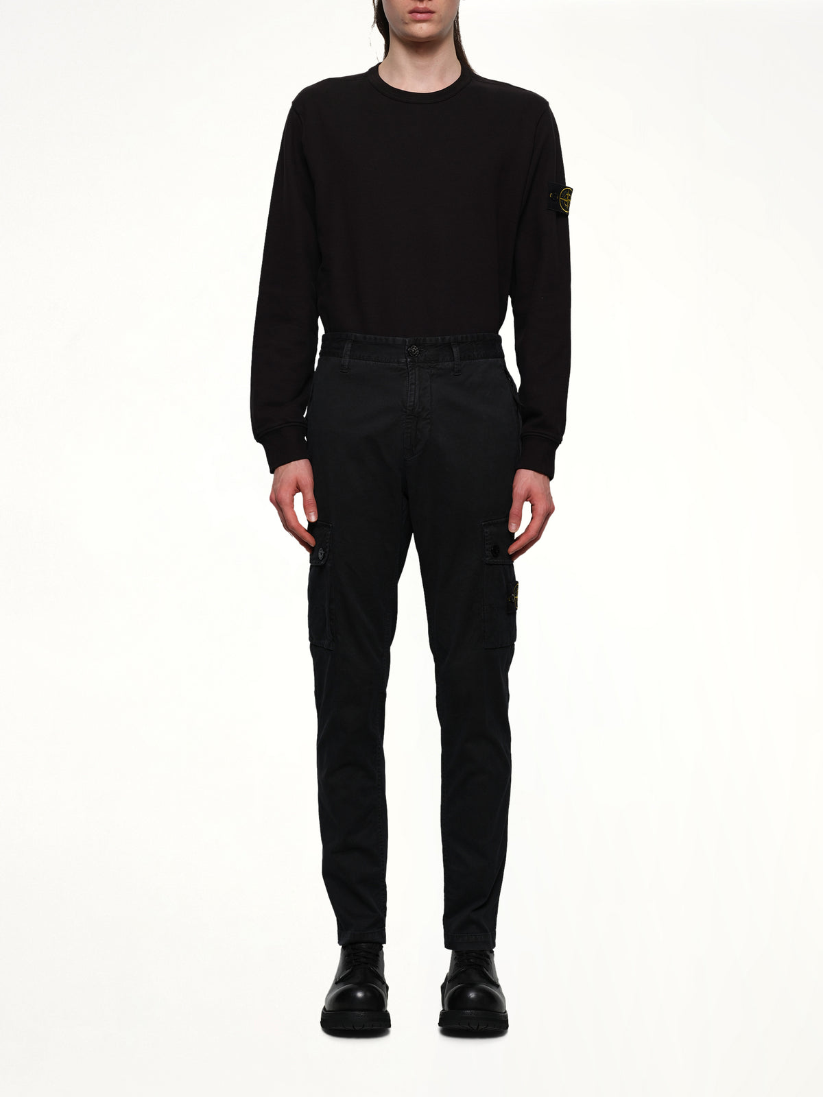 3100034 Stretch Organic Broken Twill Cotton 'Old' Effect Cargo Pants in Black