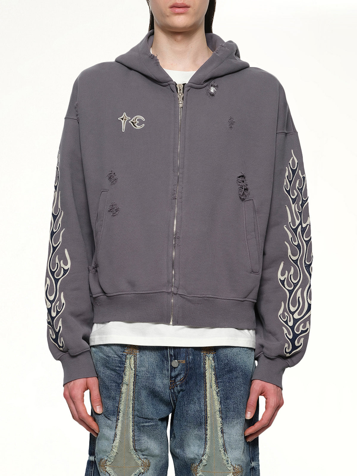 Leather Flame Hooded Zip-Up in Grey