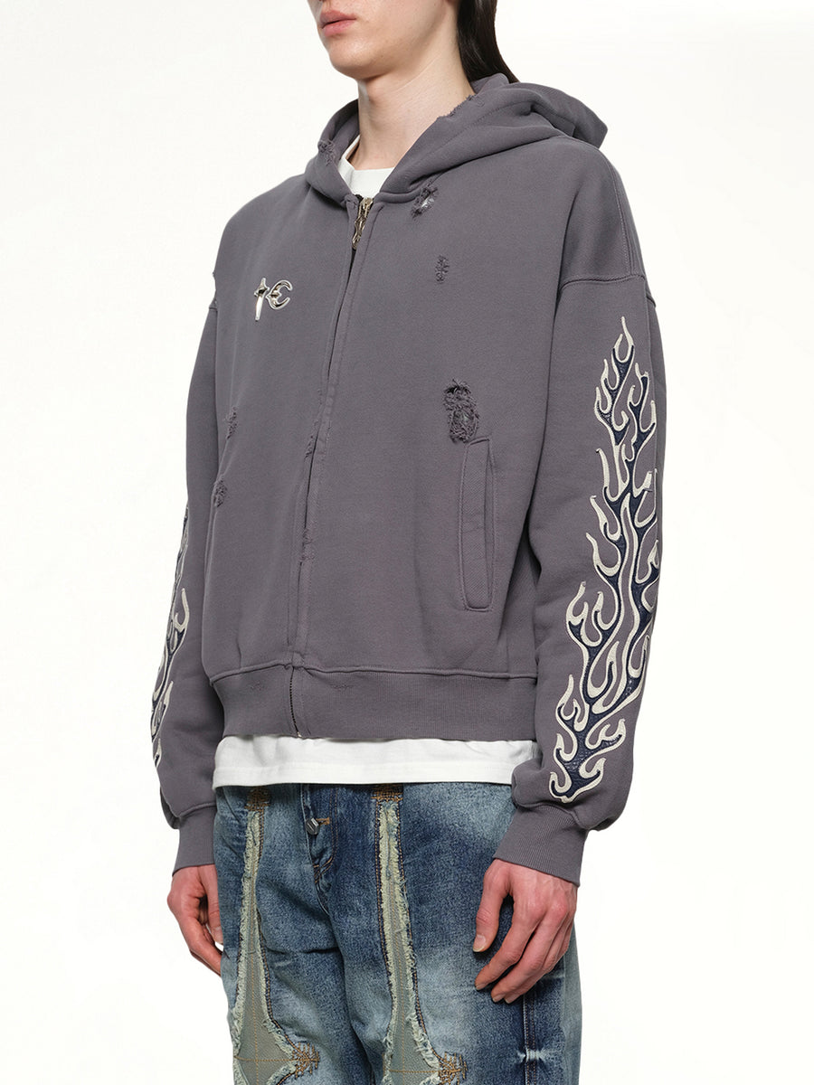 Leather Flame Hooded Zip-Up in Grey