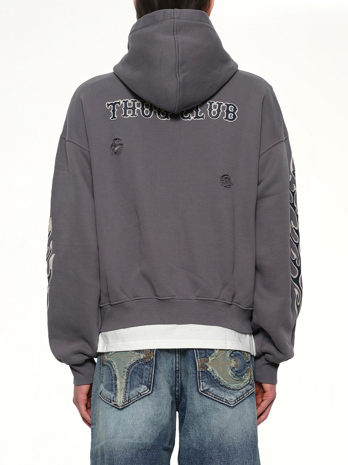 Leather Flame Hooded Zip-Up in Grey