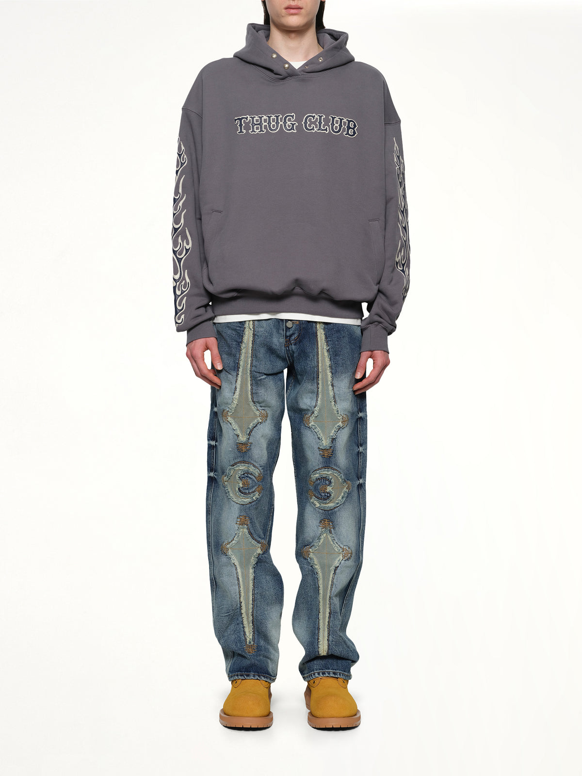 Leather Flame Hoodie in Grey