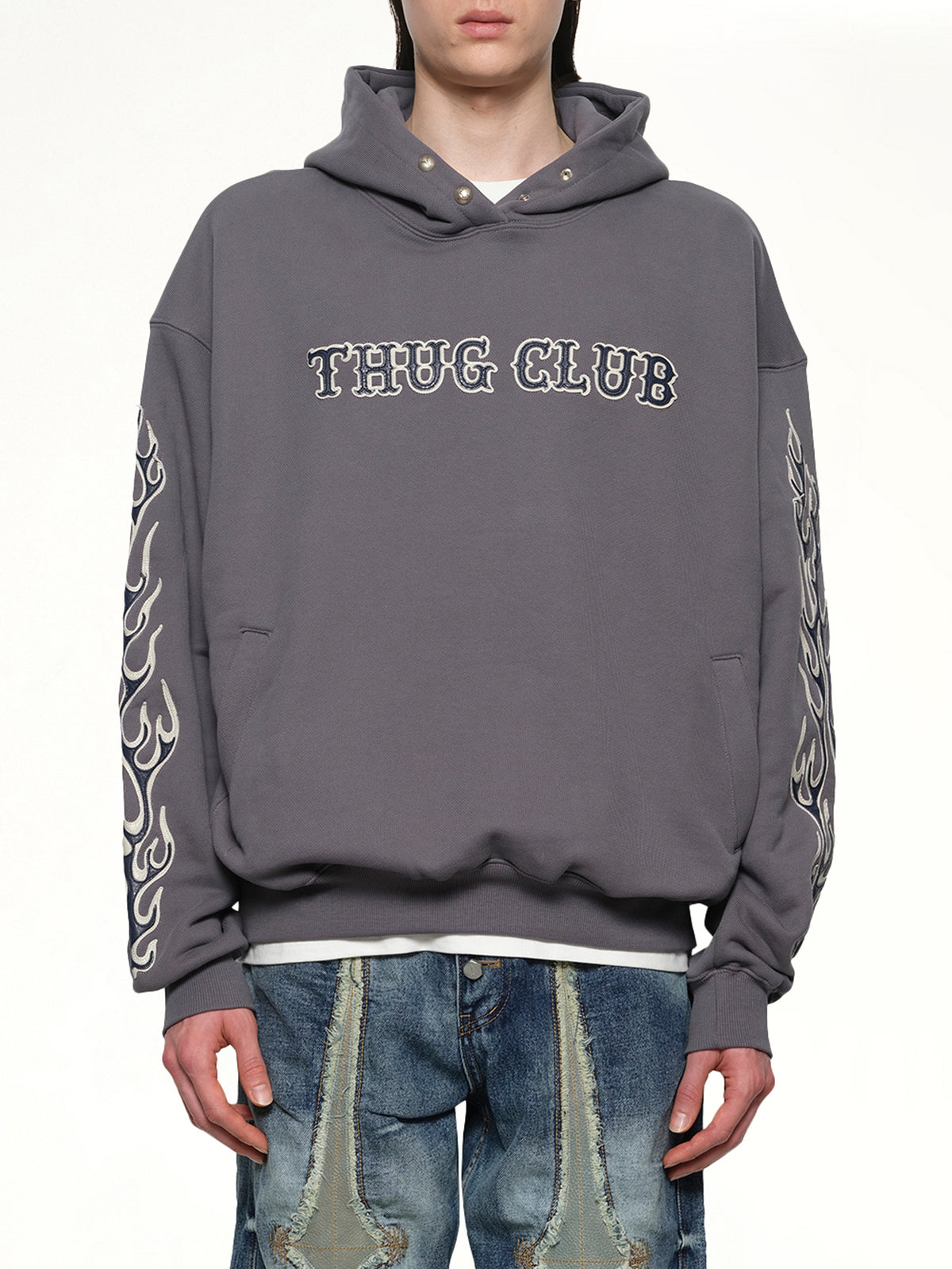 Leather Flame Hoodie in Grey