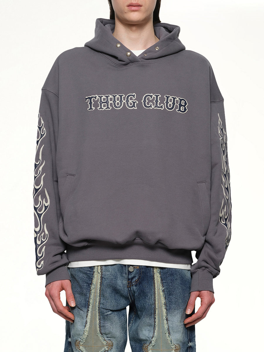 Leather Flame Hoodie in Grey