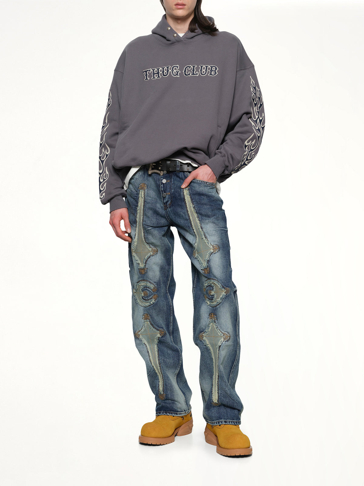 Leather Flame Hoodie in Grey