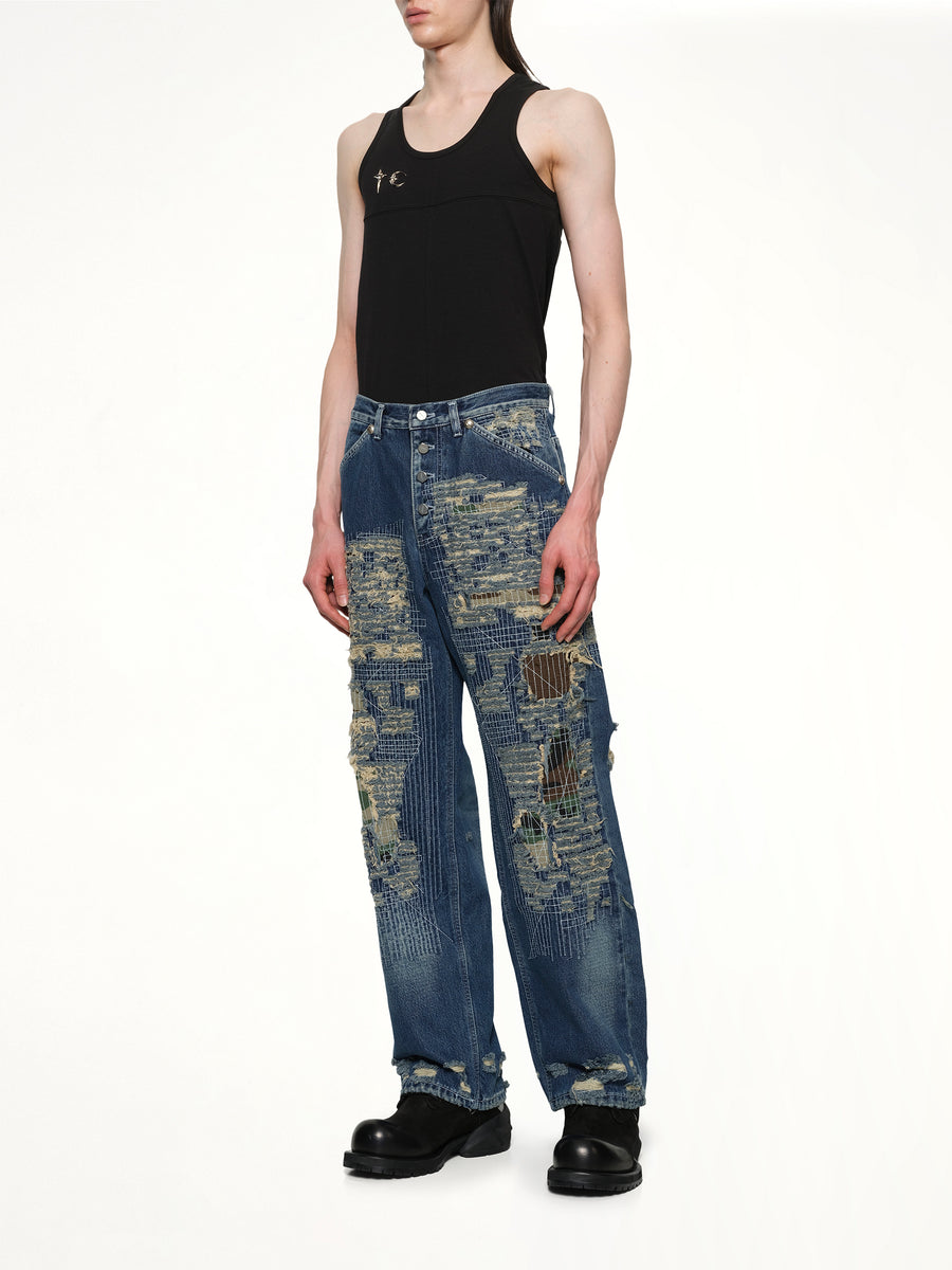 Vintage-Stitched Camo Denim Pants in Blue