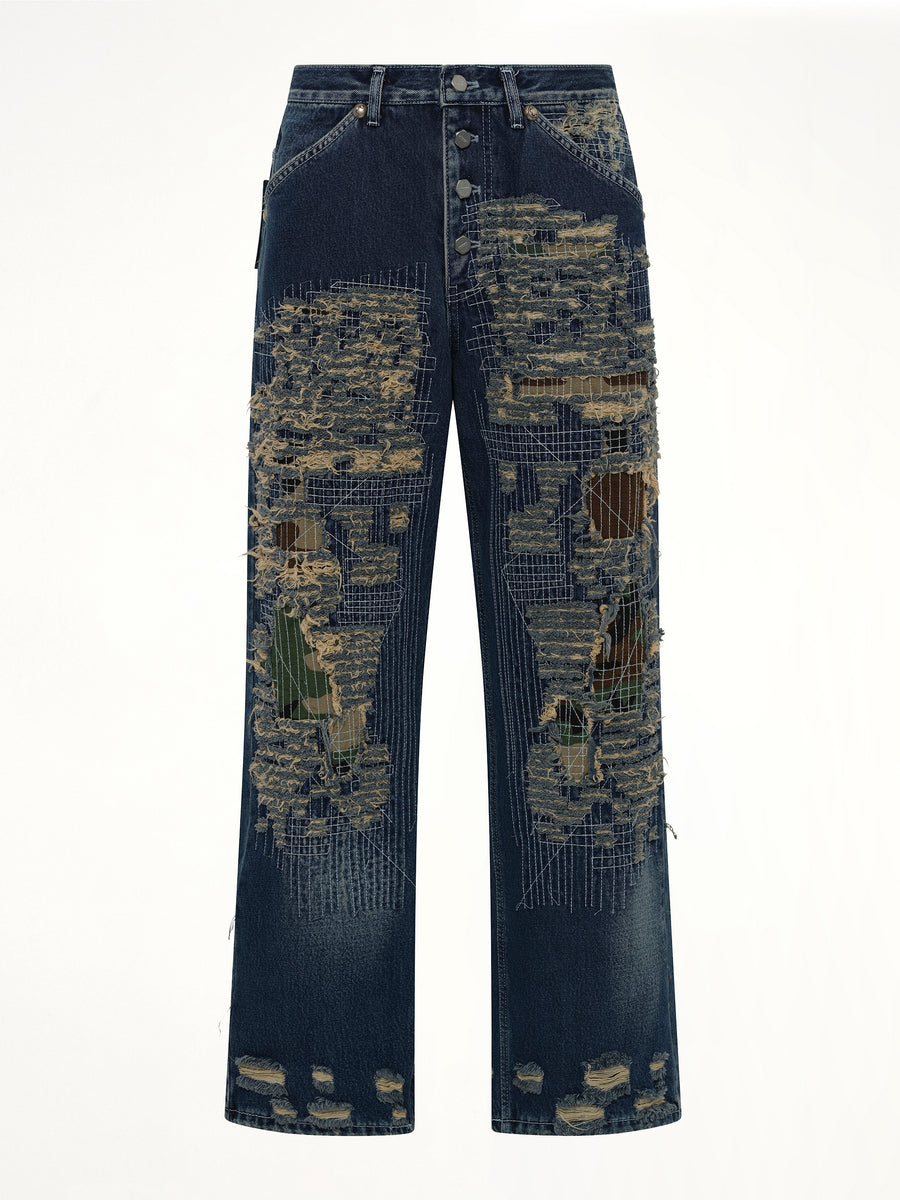 Vintage-Stitched Camo Denim Pants in Blue