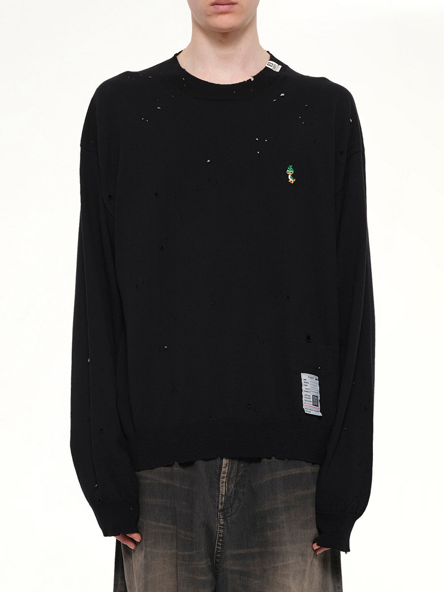 Distressed Knit Pullover in Black