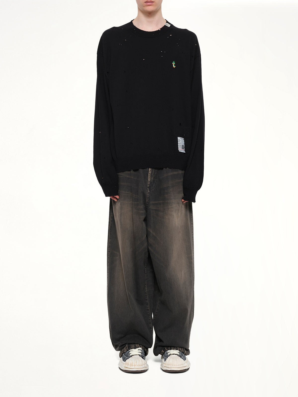 Distressed Knit Pullover in Black