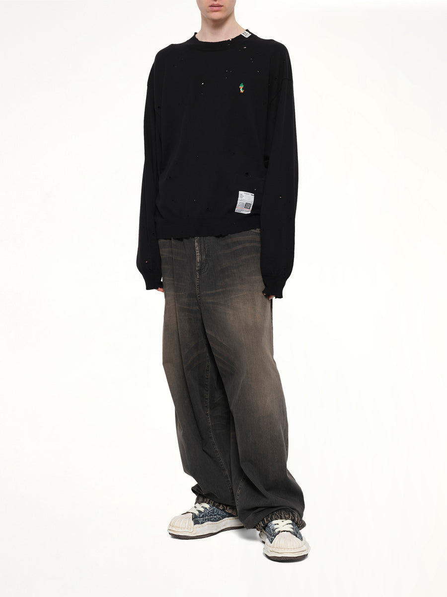 Distressed Knit Pullover in Black