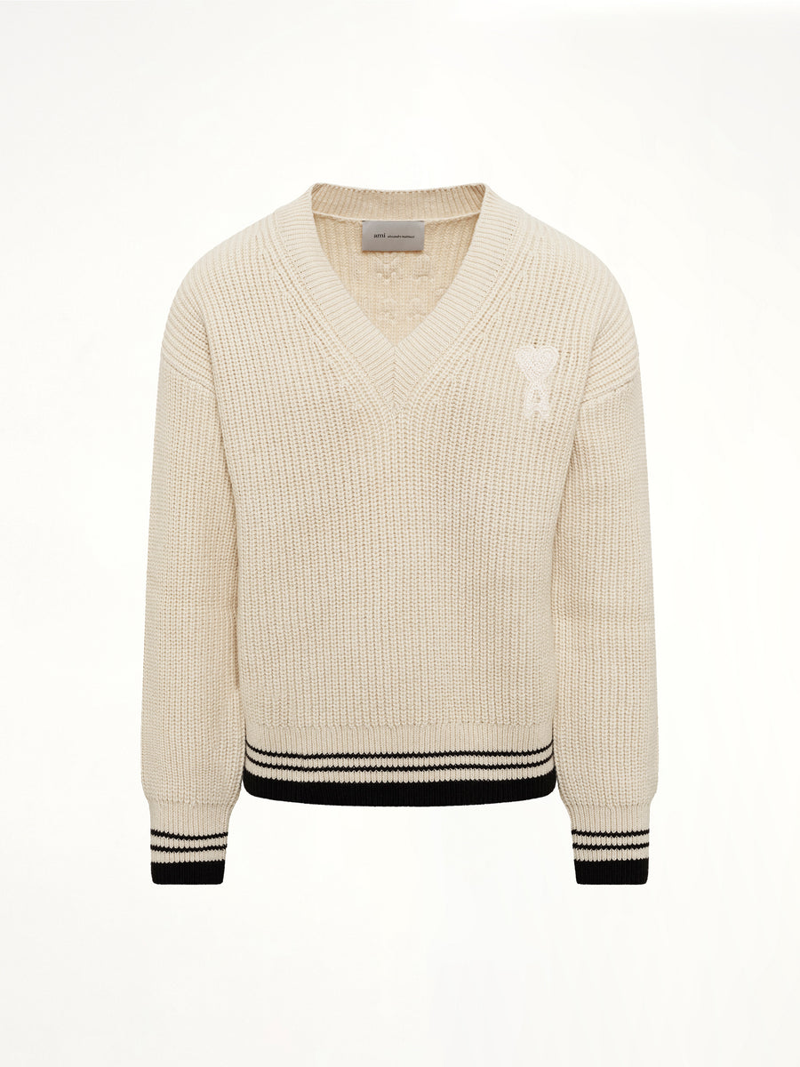 Ami De Coeur V Neck College Sweater in Off White