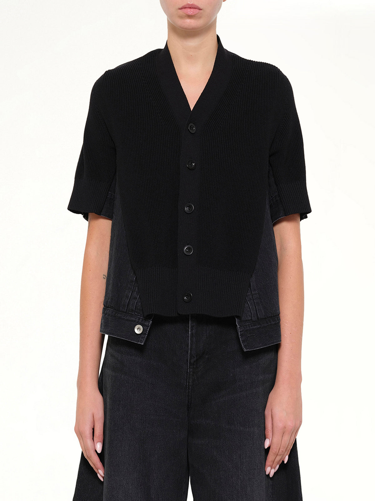Denim x Knit SS Cardigan in Black