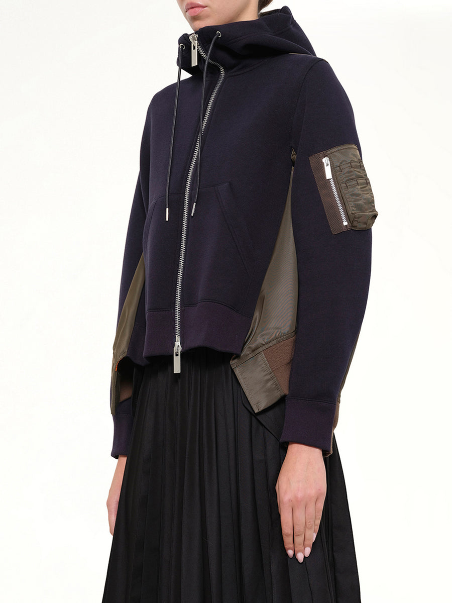 Sponge Sweat x Nylon Twill Hoodie in Navy/Dark Khaki