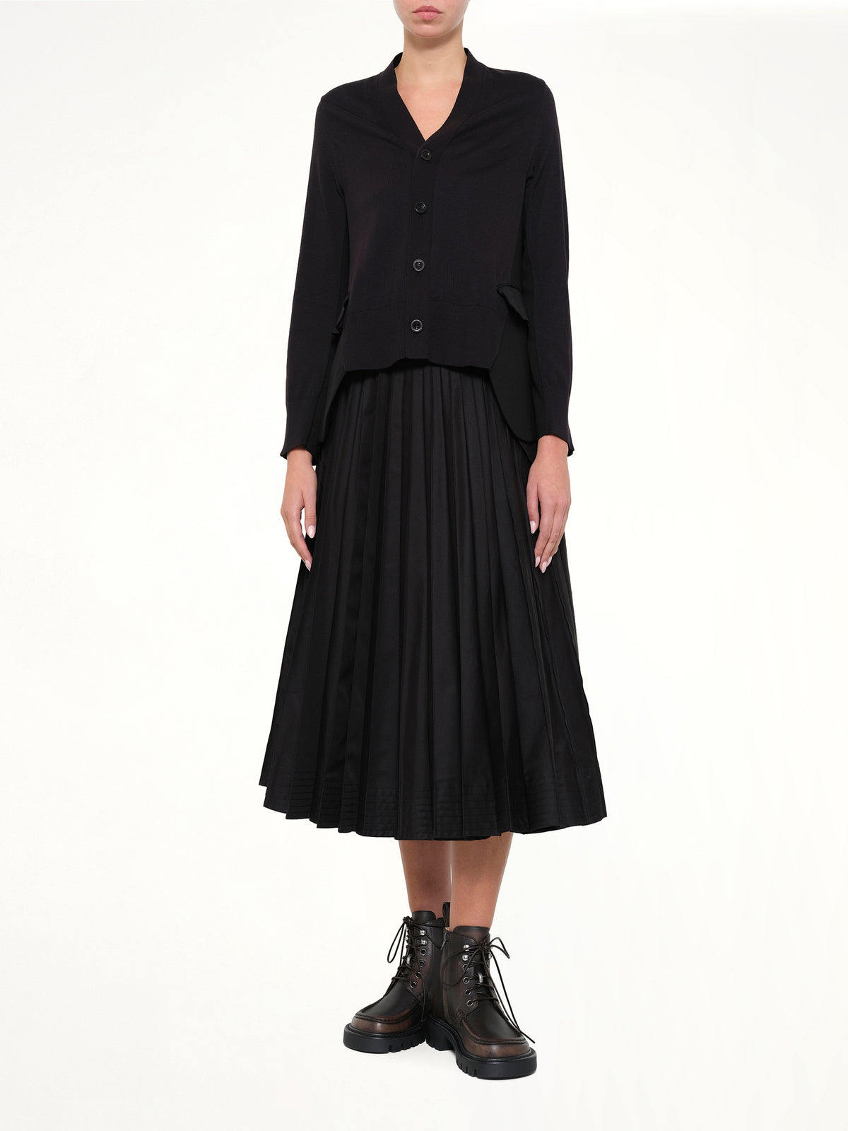 Wool Suiting x Cotton Knit Cardigan in Black