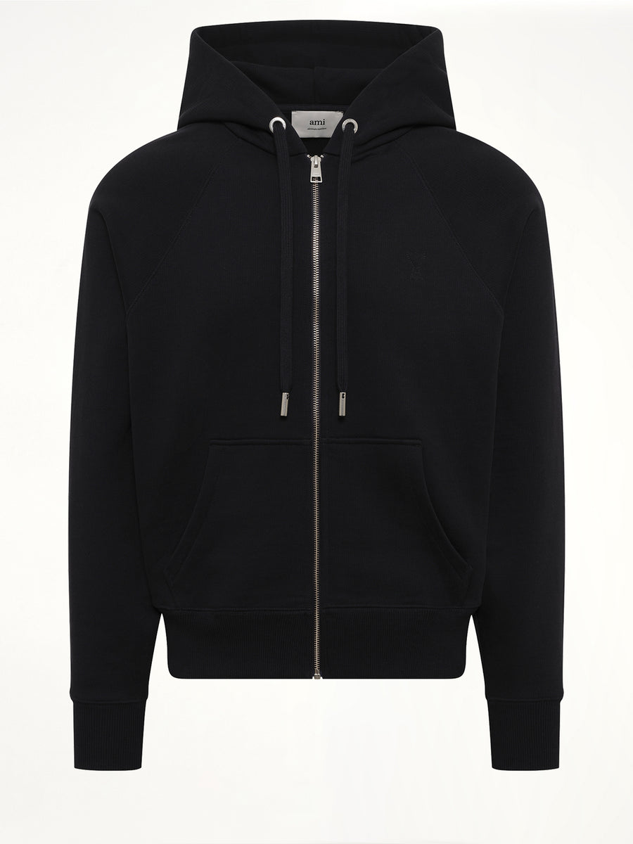 Embossed Ami De Coeur Zipped Hoodie in Black