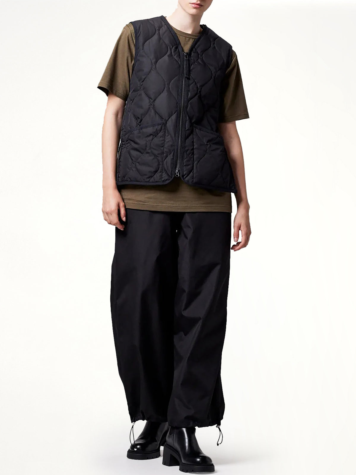 Military Zip V Neck Down Jacket in Black