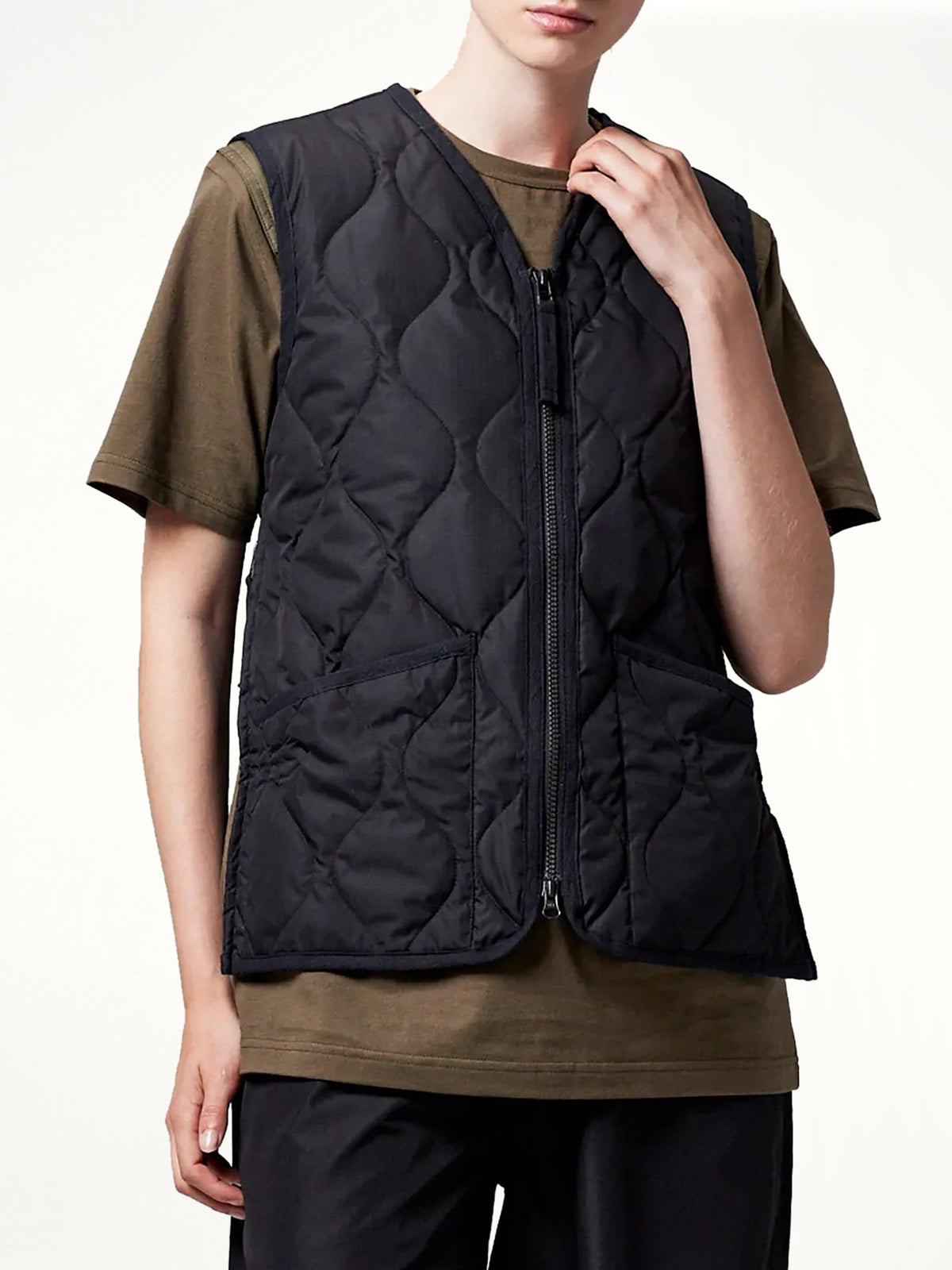 Military Zip V Neck Down Jacket in Black