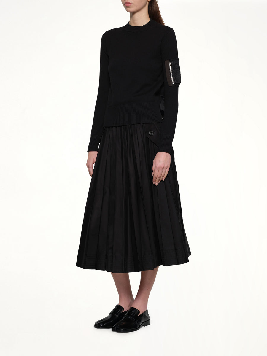 Nylon Twill x Cotton Knit Pullover in Black