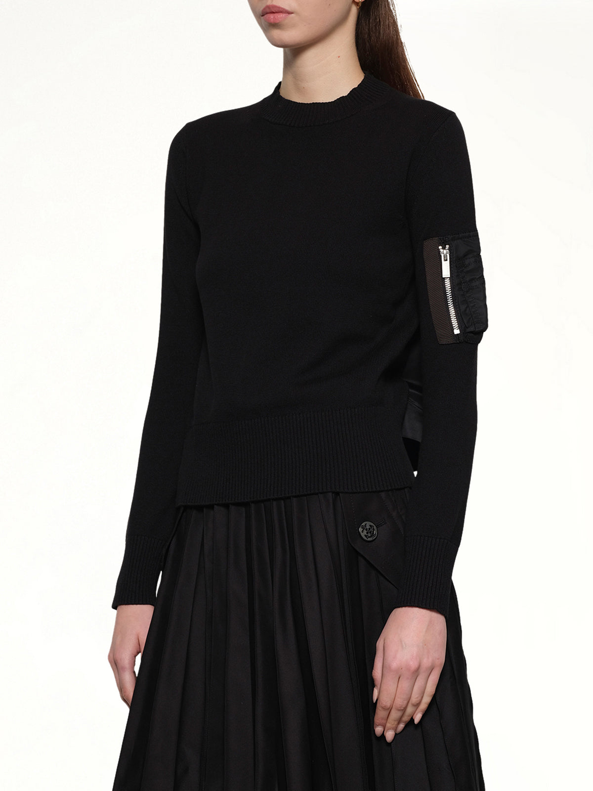 Nylon Twill x Cotton Knit Pullover in Black