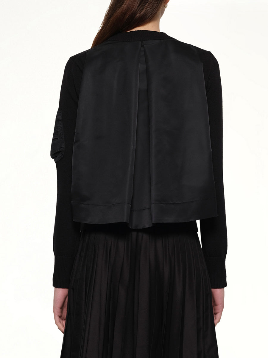 Nylon Twill x Cotton Knit Pullover in Black