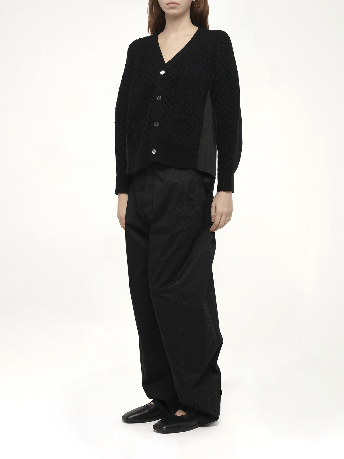 Wool Knit x Cotton Poplin Cardigan in Black/Black